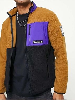 Timberland Colorblock Sherpa Fleece Jacket - Brown/Black/Purple Sz L 
(Abr A-2)